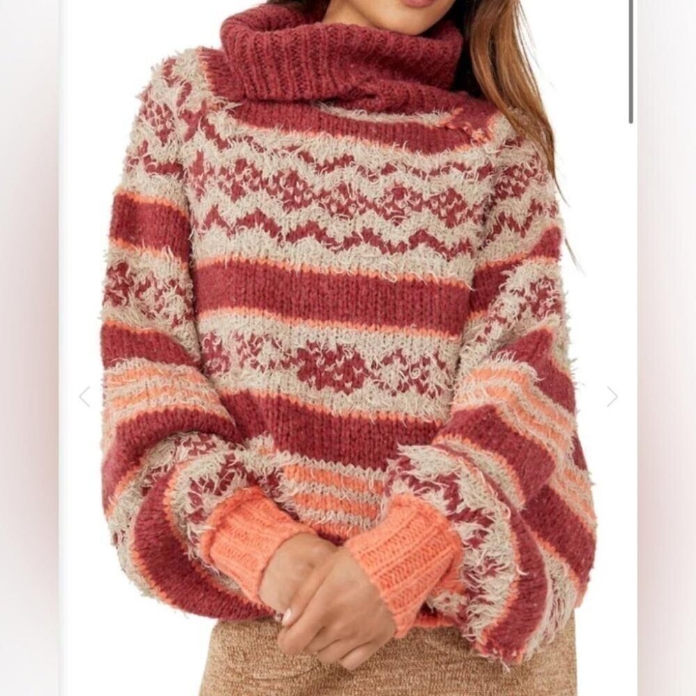 Free People Alpine Fair Isle Shaggy Sweater Wool Blend Cowl Neck Cabin Core S